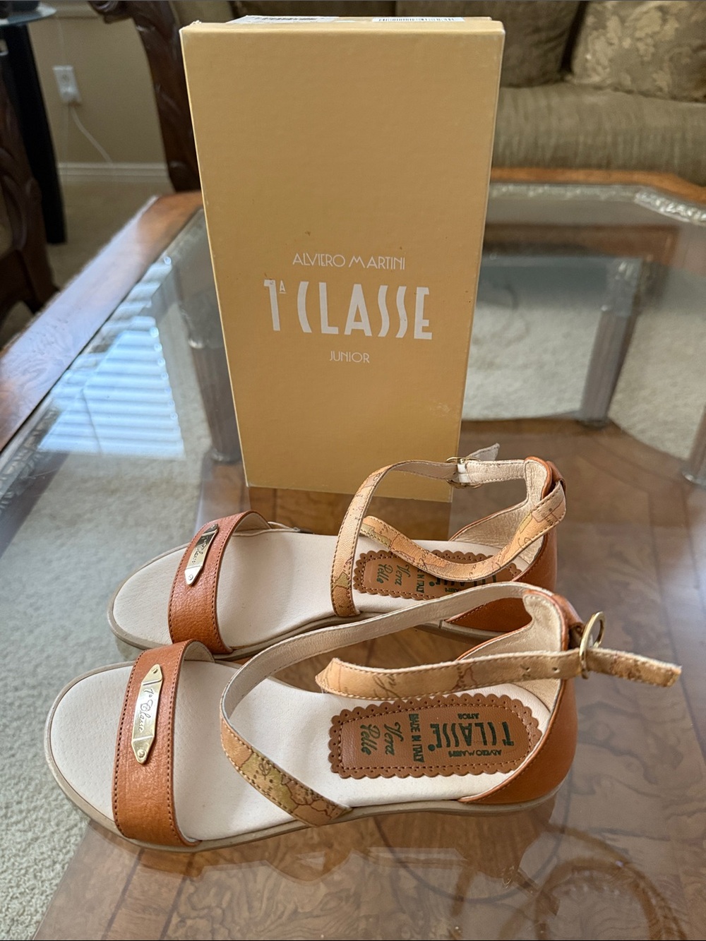 Alviero Martini Junior Leather Tan and Cream Girls Sandals with Gold Accent 35